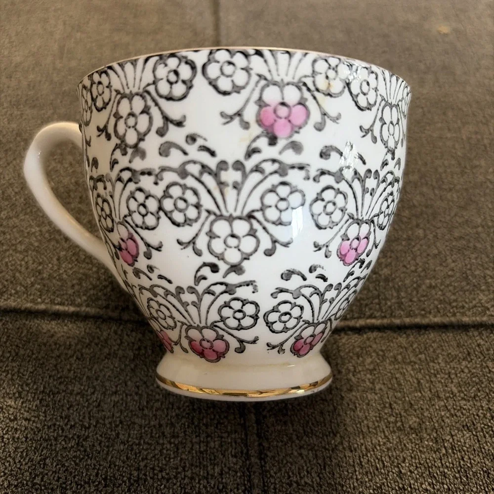 Vtg English Castle Bone China Tea Cup & Saucer  Staffordshire England ‎ Pink/blk